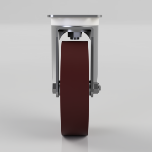 Front view of a single maroon/brown roller wheel inside a gray metal housing, like an industrial caster