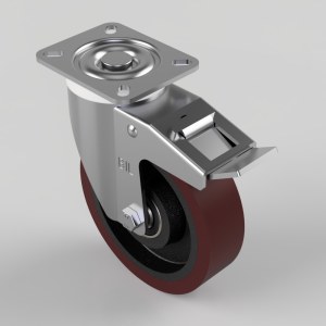 Industrial caster wheel with locking brake on a mounting plate; swivels to move equipment.