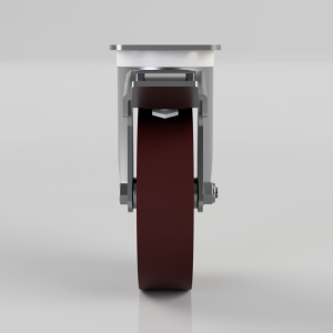 Front view of a metal caster wheel with a brown rubber tire mounted between gray brackets on a neutral background.