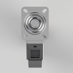 Metal door latch mechanism: circular coil spring on a square mounting plate with a rectangular latch below.