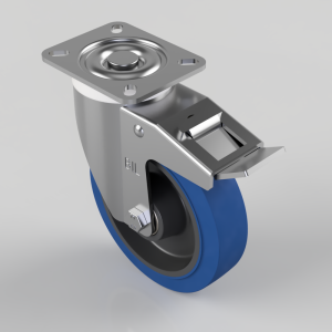 Blue Elastic Rubber 65ShoreA Plate Swivel Castor Brake 150mm 300kg Load