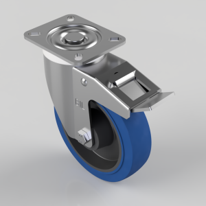 Blue Elastic Rubber 65ShoreA Plate Swivel Castor Brake 150mm 300kg Load