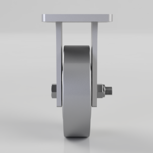 Side view of a metal caster wheel with a rectangular mounting bracket and threaded axle bolt on the side