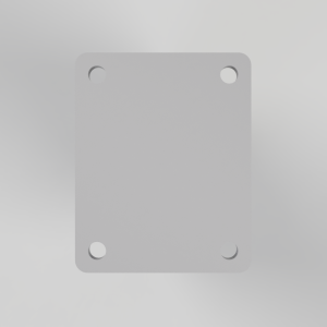 Gray square metal mounting plate with rounded corners and four circular holes at the corners.