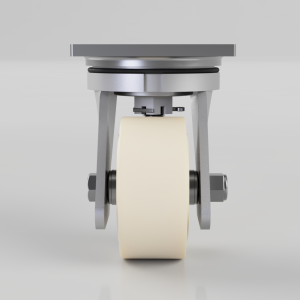 Front view of a single caster wheel with a beige wheel and metal mounting bracket on a neutral background