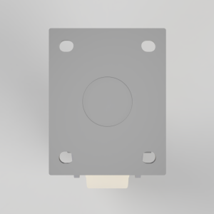Top-down view of a gray square electronic housing with a central circular button, four corner feet, and a small light at the bottom edge