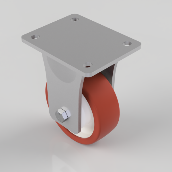 Caster wheel with red polyurethane wheel and a gray mounting plate (four-hole plate) for attachment to furniture or equipment.Good for heavy loads and swiveling movement.