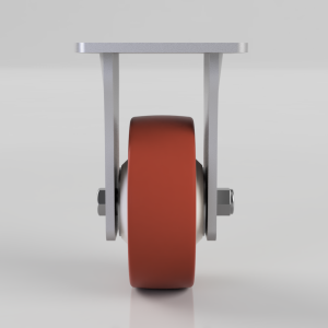 Front view of a single orange caster wheel mounted in a silver metal frame with bolts on the sides.