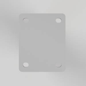 Top-down view of a light gray square metal plate with rounded corners and four circular holes (one near each corner).","Square metal mounting plate with rounded corners and four circular holes at the corners, viewed from above.","A smooth gray square panel with rounded edges and small circular openings at each corner.