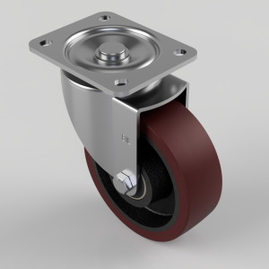 Swivel caster wheel with a metal mounting plate and brown wheel, used to attach to furniture or equipment for mobility.
