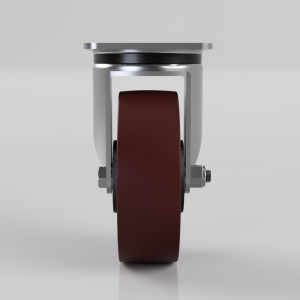 Front view of a swivel caster wheel with a brown polyurethane tire and metal mounting bracket.