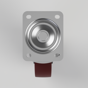 Metal circular push-button switch mounted on a gray rectangular plate with mounting holes and a red strap beneath.