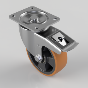 Swivel caster wheel with an orange polyurethane tire, metal mounting plate, and built-in brake lever on top.