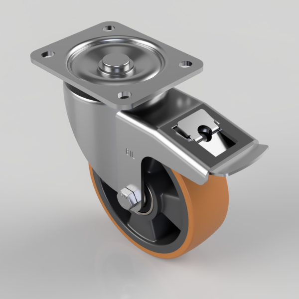 Swivel caster wheel with an orange polyurethane tire, metal mounting plate, and built-in brake lever on top.