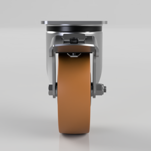 Front view of a metal swivel caster with a brown rubber wheel and brake lever.