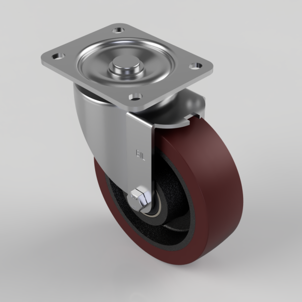 Swivel caster wheel with burgundy polyurethane tire and square mounting plate with four bolt holes.
