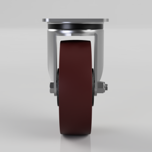 Front view of a single red caster wheel with metal bracket and bolt.