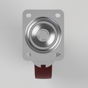 Panel-mounted metal push button with a red actuator protruding from the bottom center of a gray mounting plate.
