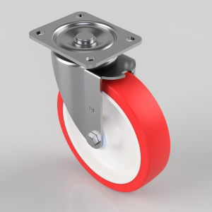 Swivel caster wheel with red rubber tire and white hub, mounted to a metal plate with four screw holes; inline view from above forward-facing.