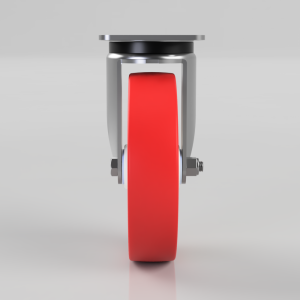 Front view of a red caster wheel with a gray metal suspension and a small brake-like mechanism at the sides