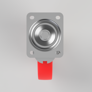 Red push-button switch mounted on a gray rectangular plate, viewed from above.