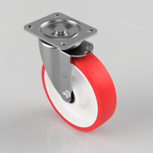 Swivel caster wheel with a red polyurethane tire, white hub, and a metal mounting plate with four holes.