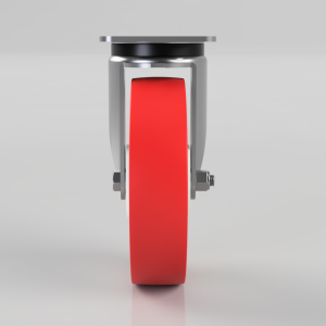 Red caster wheel with a metal frame viewed from the front.