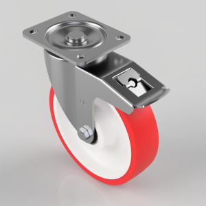 Swivel caster wheel with a red polyurethane tire mounted on a white rim and a metal mounting plate with a brake lever.