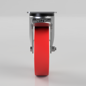 Front view of a grey caster wheel with a bright red polyurethane wheel.
