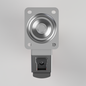 Metal mounting plate with a large circular recessed hub and a small latch below, seen in a 3D render.