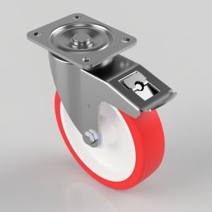 Swivel caster wheel with red tire and metal brake lever attached to a mounting plate, viewed at an angle.