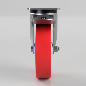 Front view of a red caster wheel assembly with a silver metal frame and mounting bolts