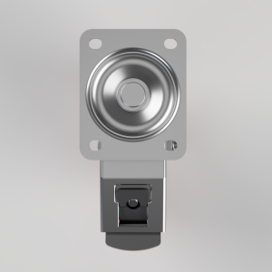 Metal push-button switch mounted on a rectangular plate with four corner holes, and a gray electrical connector housing beneath.