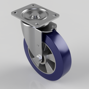 Swivel caster wheel with blue polyurethane tire and metal mounting plate with four holes, used to move furniture or equipment.