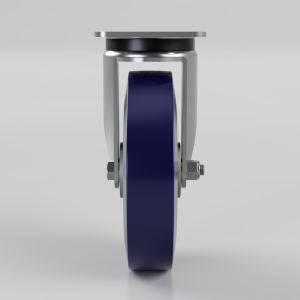 Industrial caster wheel with a deep-blue tire inside a silver metal frame, viewed head-on from the front.