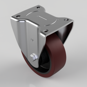 Industrial swivel caster with a square mounting plate and brown polyurethane wheel, metal frame and mounting bolt visible