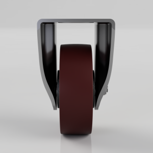 Close-up of a single dark red polyurethane caster wheel mounted in a gray metal frame, viewed from the front.