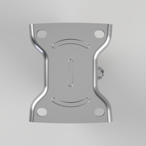 Metal mounting plate with four rounded corner holes and central vertical slot, viewed from above