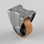Swivel caster wheel with an orange polyurethane tire mounted on a polished metal bracket and bolt.