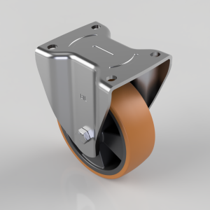 Swivel caster wheel with an orange polyurethane tire mounted on a polished metal bracket and bolt.