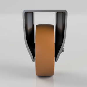 Caster wheel with orange tire mounted in a gray U-shaped frame, seen from front.