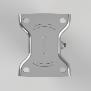 Metal mounting bracket/plate with four rounded corner holes, curved edges, a central vertical slot, and a side screw fastener—likely a hardware mounting component.