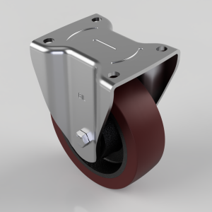 Industrial swivel caster with a metallic mounting plate and a burgundy polyurethane wheel on a gray background.