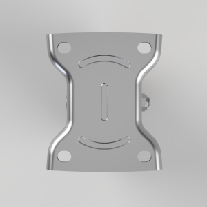 Metal mounting plate with four corner holes and a central vertical slot for attachment.