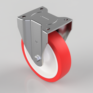Caster wheel with red polyurethane tire and white hub mounted on a metal plate with a bolt and mounting holes.