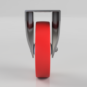 Front view of a red caster wheel with a gray metal fork and axle.