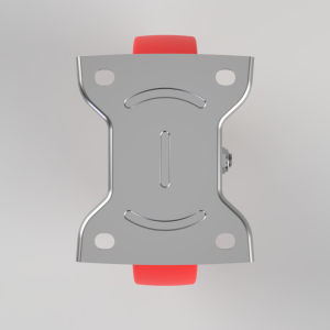 Bottom view of a metal skateboard truck with red wheels at top and bottom and four mounting holes around the edges.