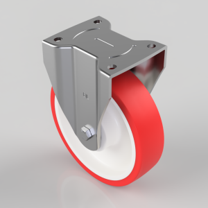 Metal caster wheel with red rubber tire and white hub mounted on a steel bracket.