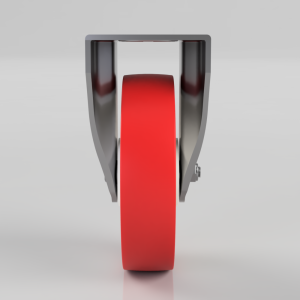 Front view of a red caster wheel mounted in a gray metal frame under bright lighting, head-on view.