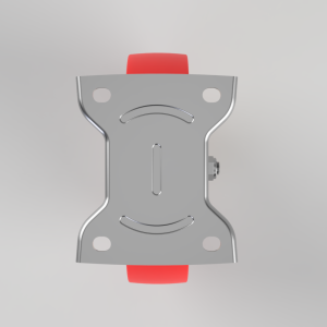 Top-down view of a silver skateboard truck with red wheels and mounting holes on the baseplate.